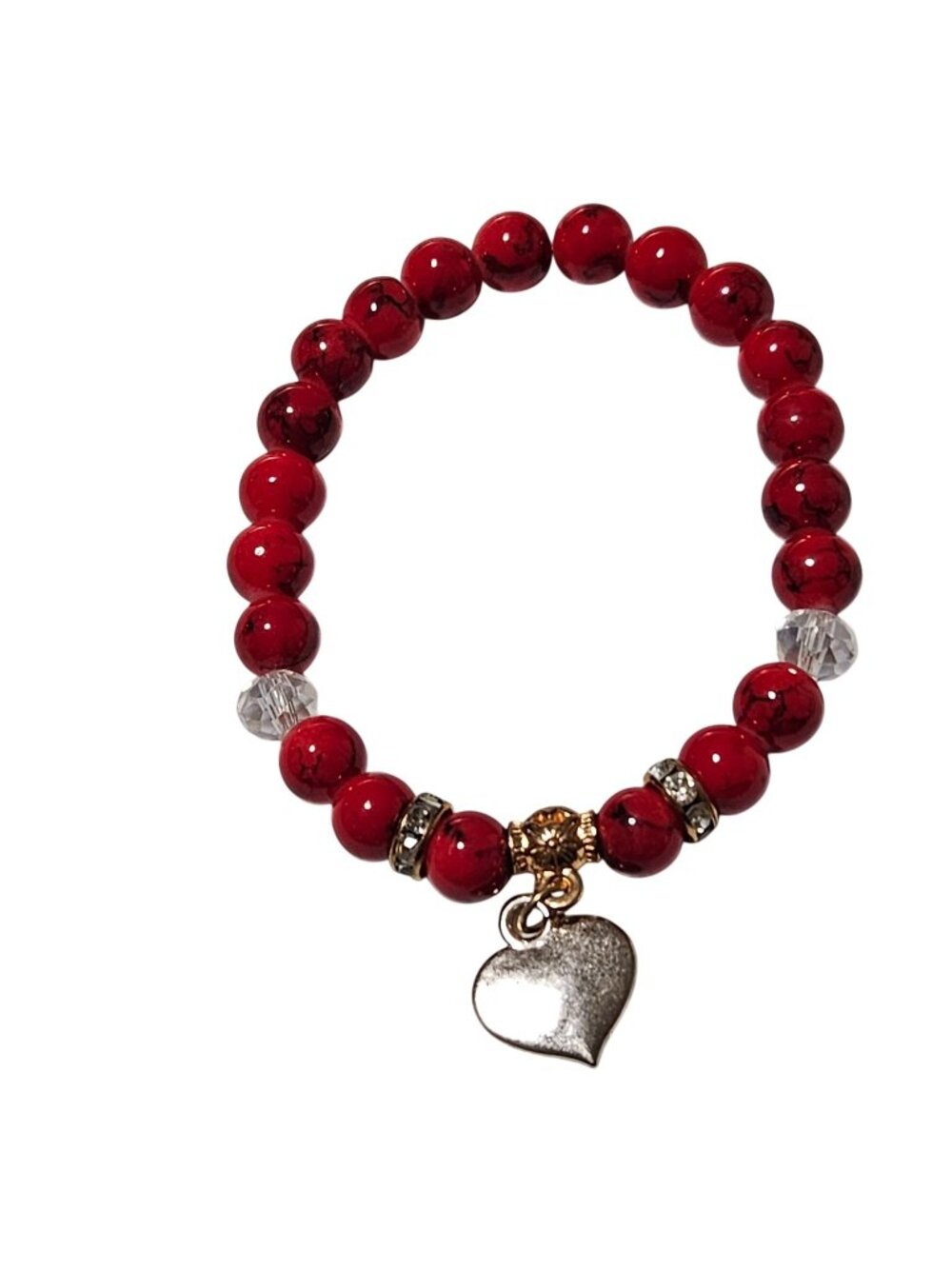 Retro Red Beaded Bracelet Heart Charm Crystal Accents Valentines Day Jewelry